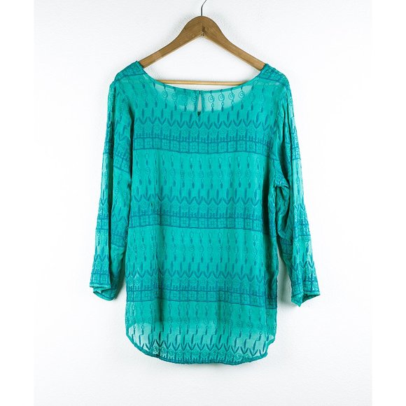 Lucky Brand Embroidered Mesh Turquoise Green Top Size L - Picture 2 of 6